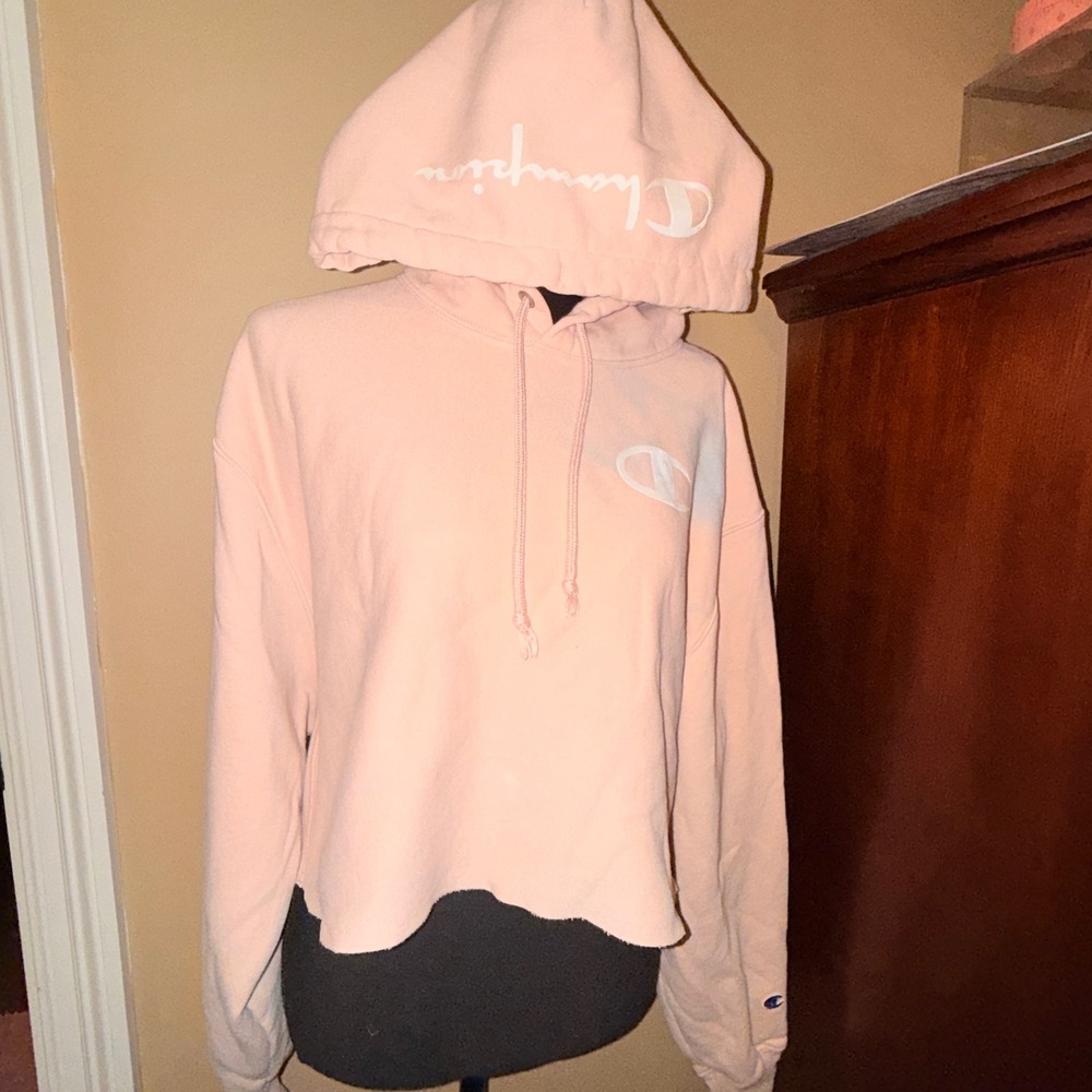 Champion Reverse Weave Hoodie Women L Pink Good Cropped Raw Hem